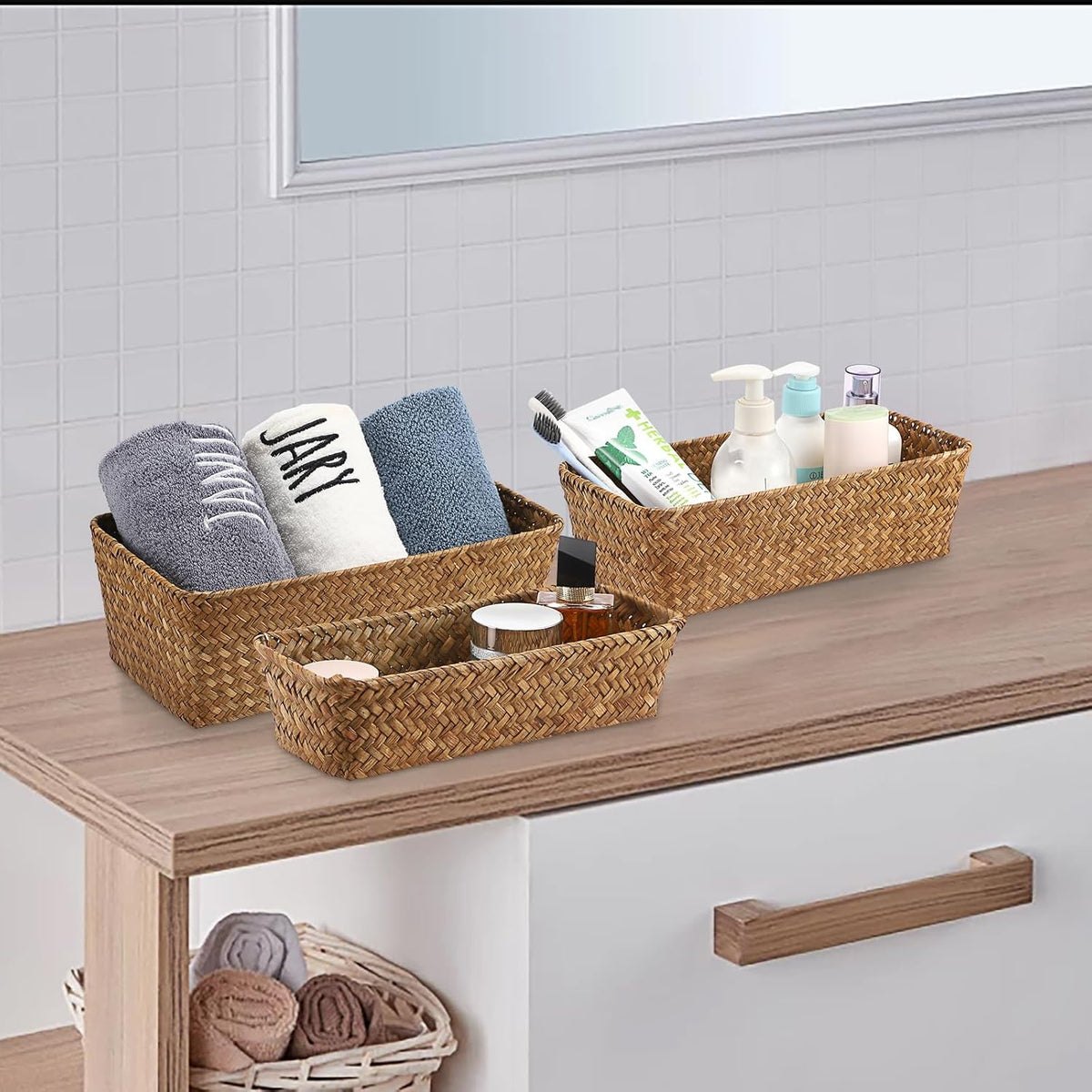 3 Natural Wicker Basket Set Rectangular Seagrass Basket, Caramel