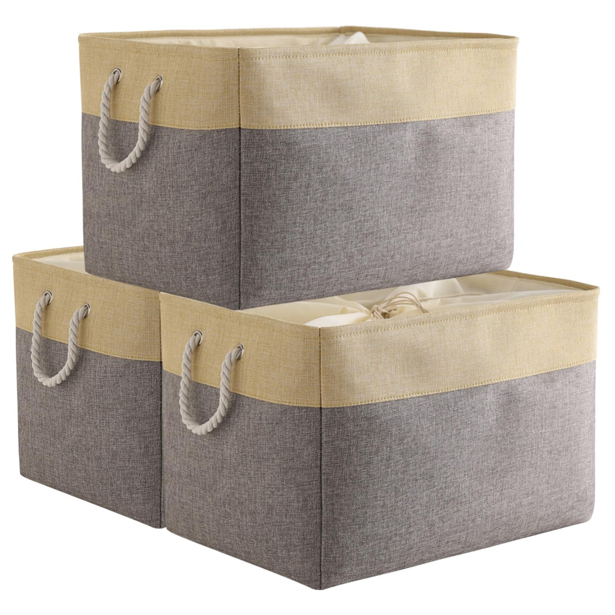 TheWarmHome Storage Basket for Organizing - 14x10x7 inch Medium 3 Pack Collapsible Storage Bin for Shelves with Handles, Canves Storage Box for Organizer Cubes Cloth Gift Toy Closet (White & Khaki)