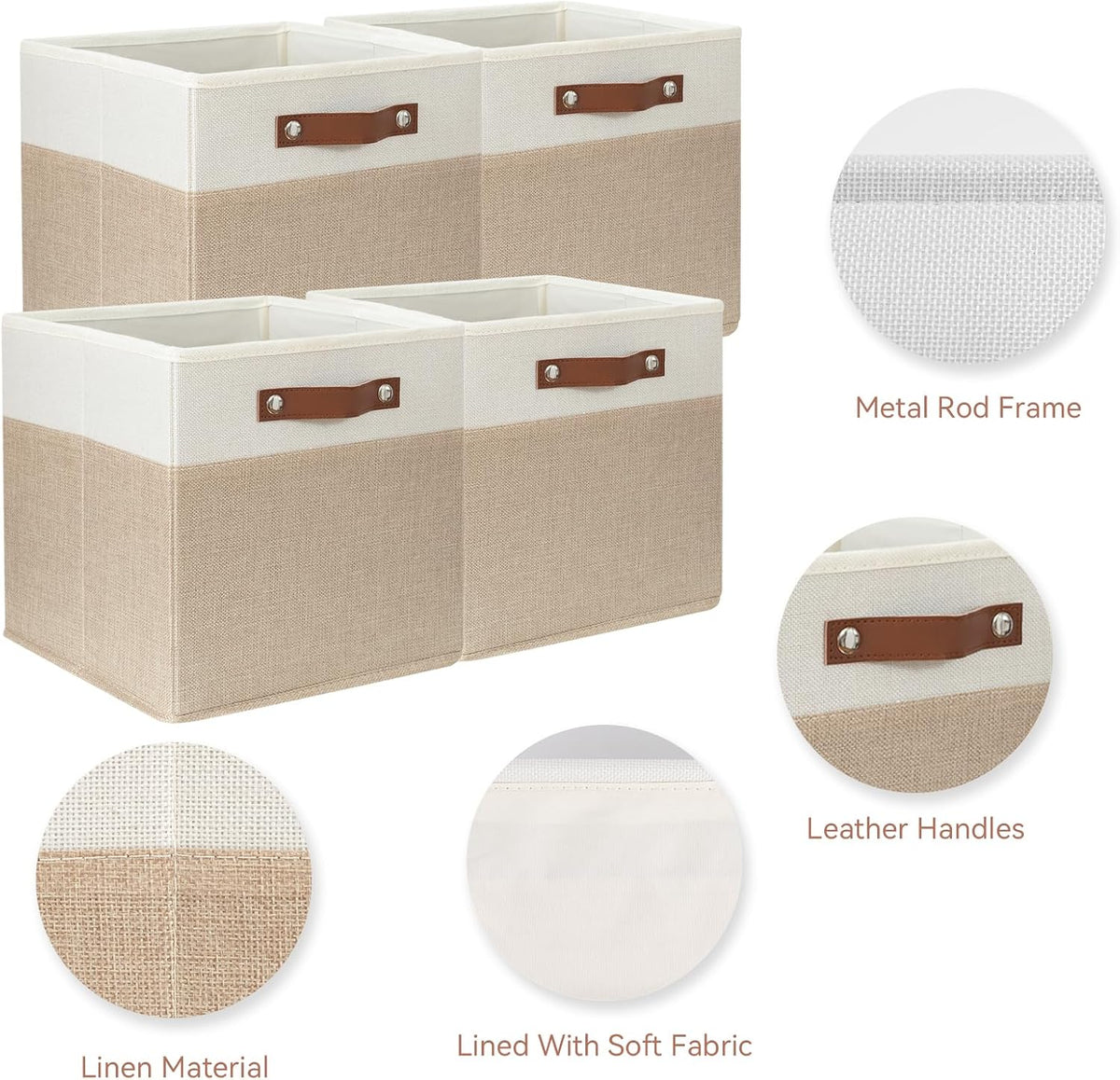SNWDN 6 Pack Collapsible Fabric Storage Baskets with Handles (White/Beige 11x11x11 Inches)