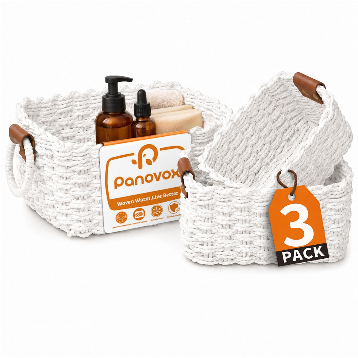 Small Wicker Baskets, 3 PCS Paper Rope Baskets for Shelves, Brown