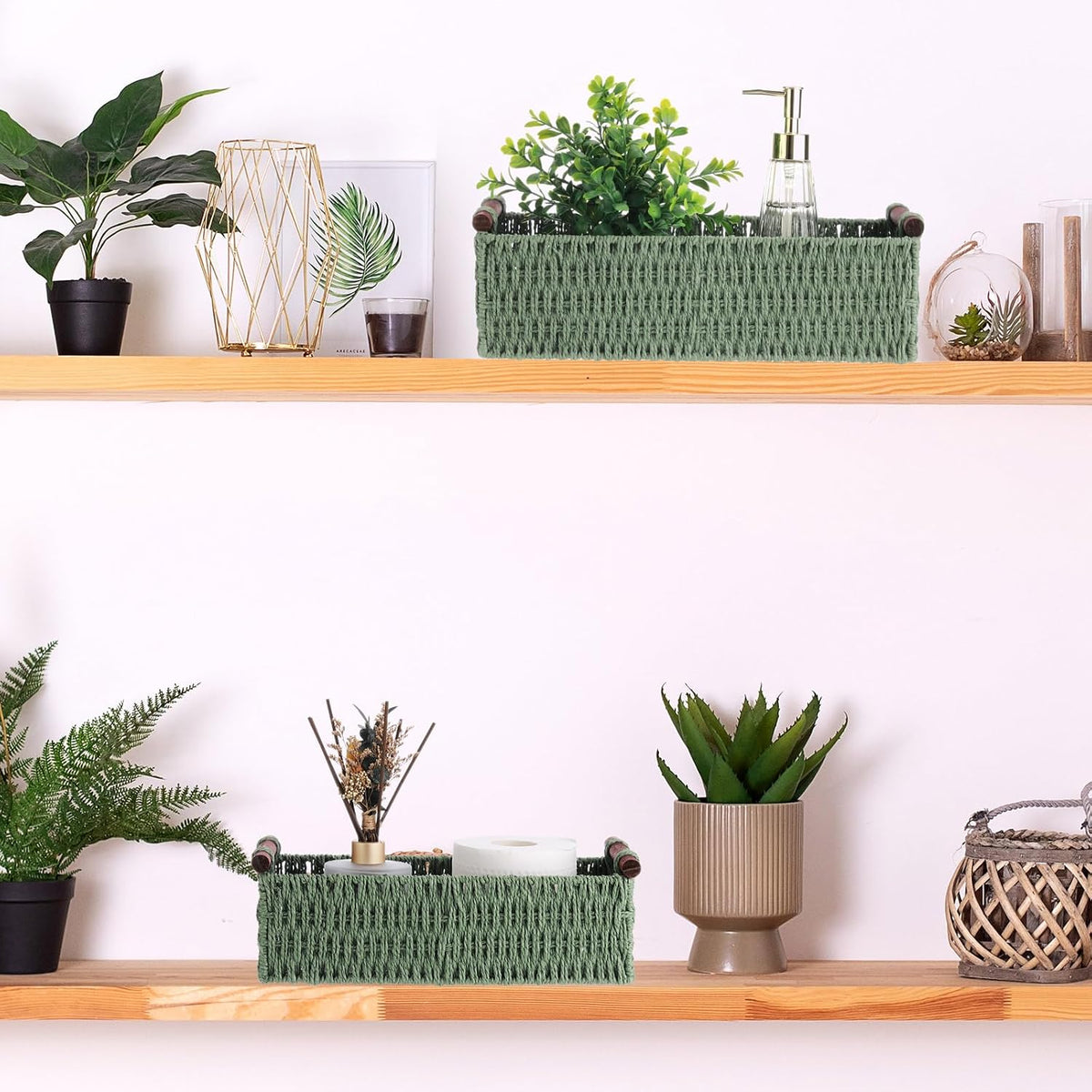 Boao 3 Pcs Boho Storage Wicker Baskets Handmade Woven Decorative Paper Rope Baskets for Organizing with Handle Countertop Toilet Paper Storage Container for Toilet Tank Top