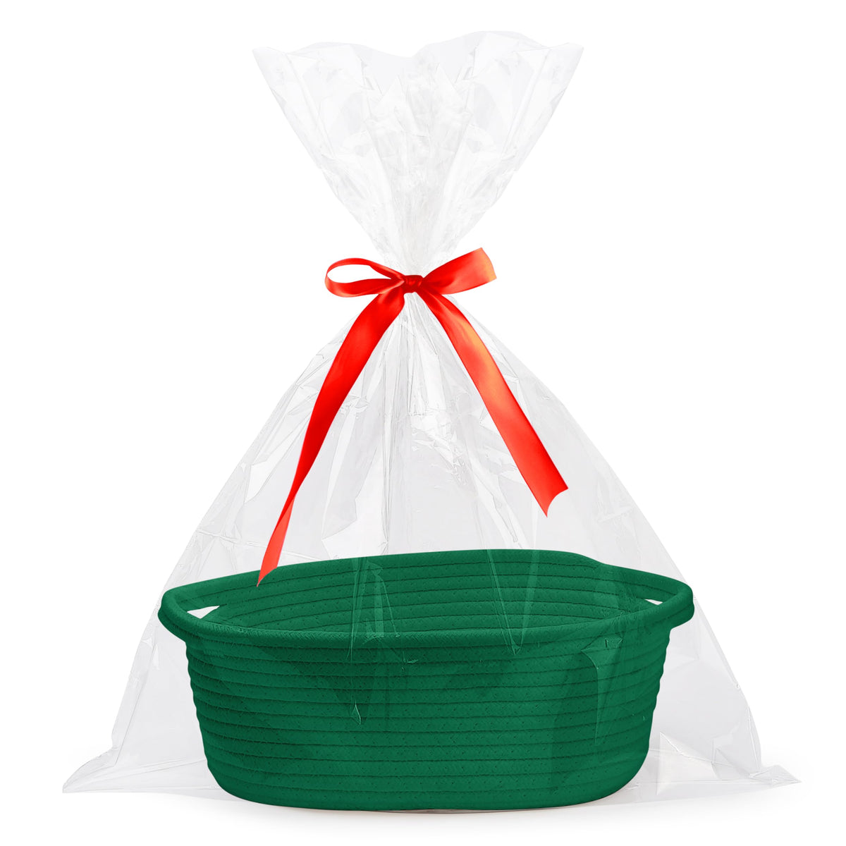 Pro Goleem Small Woven Basket with Gift Bags and Ribbons Durable Baskets for Gifts Empty Small Rope Basket for Storage 12"X 8" X 5" Baby Toy Bin with Handles, White
