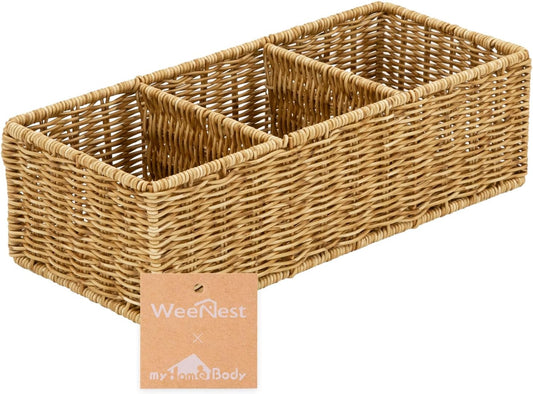 myHomeBody Wicker Basket With 3 Compartments, Bathroom Caddy, Tan