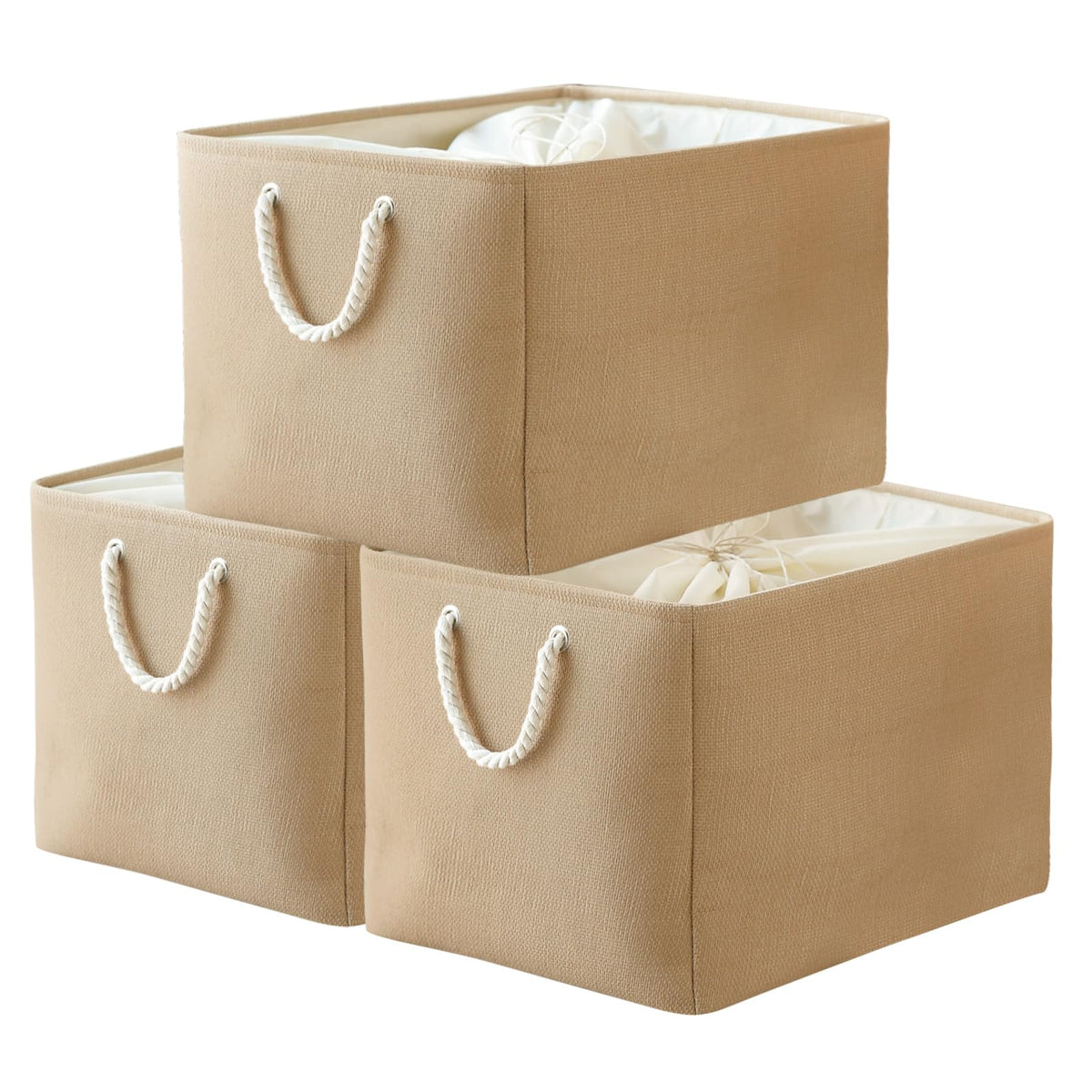 TheWarmHome Storage Basket for Organizing - 14x10x7 inch Medium 3 Pack Collapsible Storage Bin for Shelves with Handles, Canves Storage Box for Organizer Cubes Cloth Gift Toy Closet (White & Khaki)