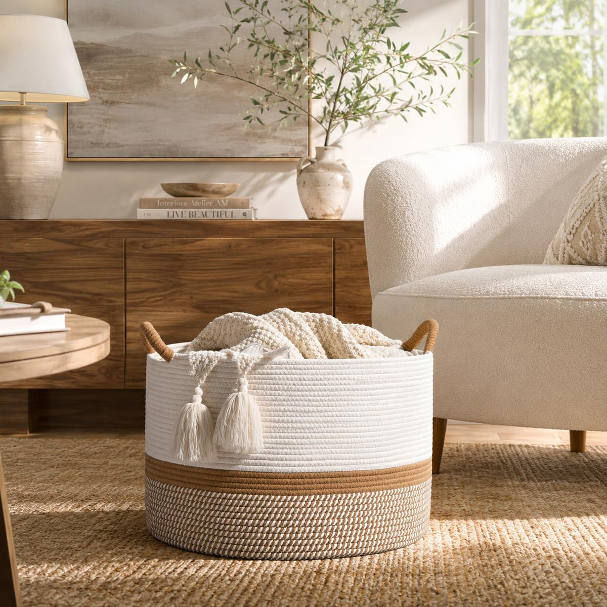 KAKAMAY Large Blanket Basket with Handles, Storage Basket for Living Room