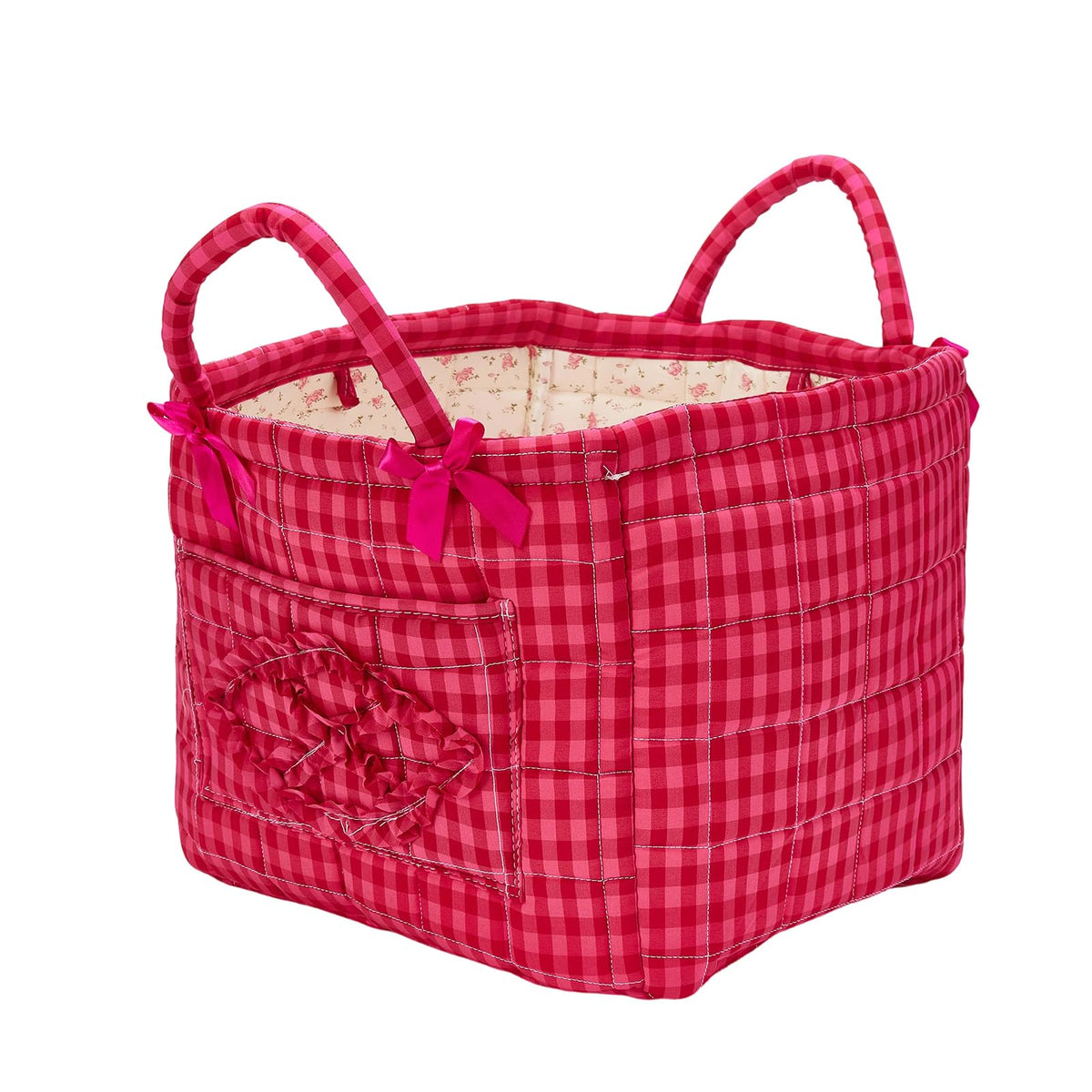 Boho Fabric Storage Basket Quilted Floral Print Baskets Organizer Bin with Handles for Home, Picnic, Shopping (Pink, L)