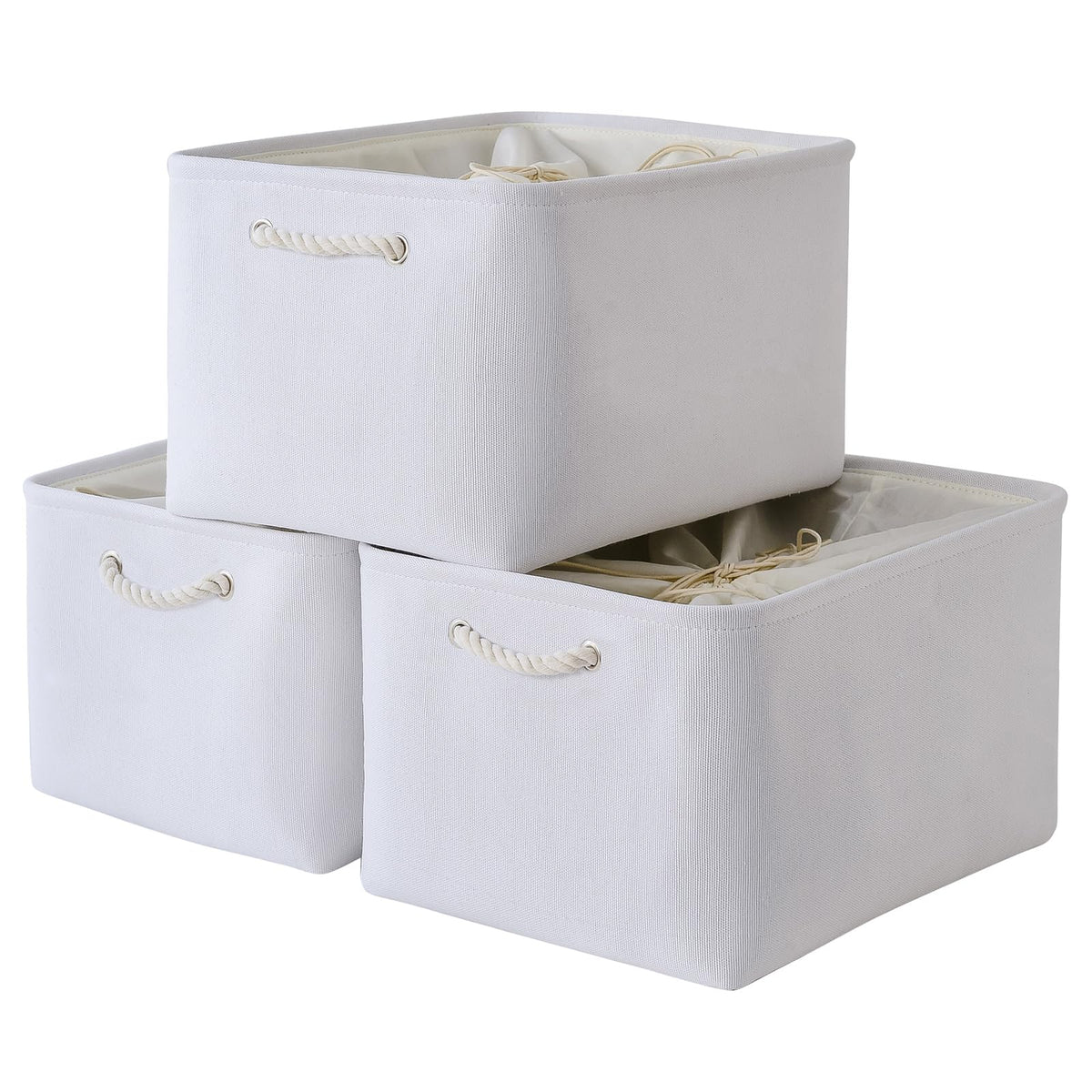 TheWarmHome Storage Basket for Organizing - 14x10x7 inch Medium 3 Pack Collapsible Storage Bin for Shelves with Handles, Canves Storage Box for Organizer Cubes Cloth Gift Toy Closet (White & Khaki)