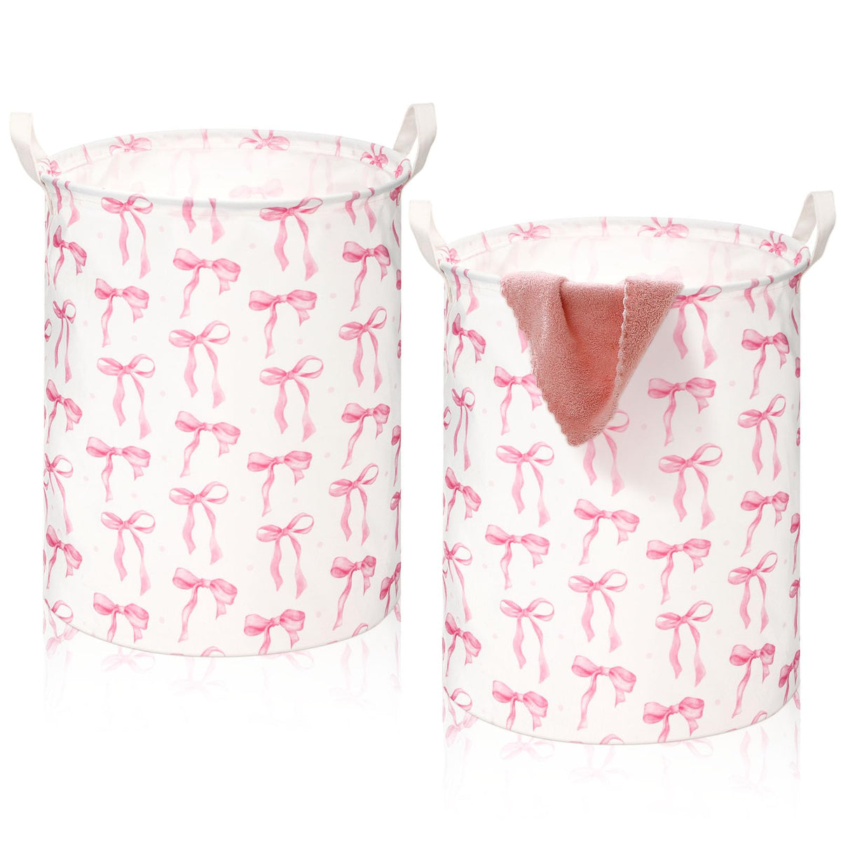 CroBlissful 1 Pcs Coquette Pink Bow Laundry Basket Pink Bow Nursery Laundry Basket Hamper Waterproof Collapsible Storage Bin Organizer for Bedroom Bathroom Room Dorm Clothes Toys