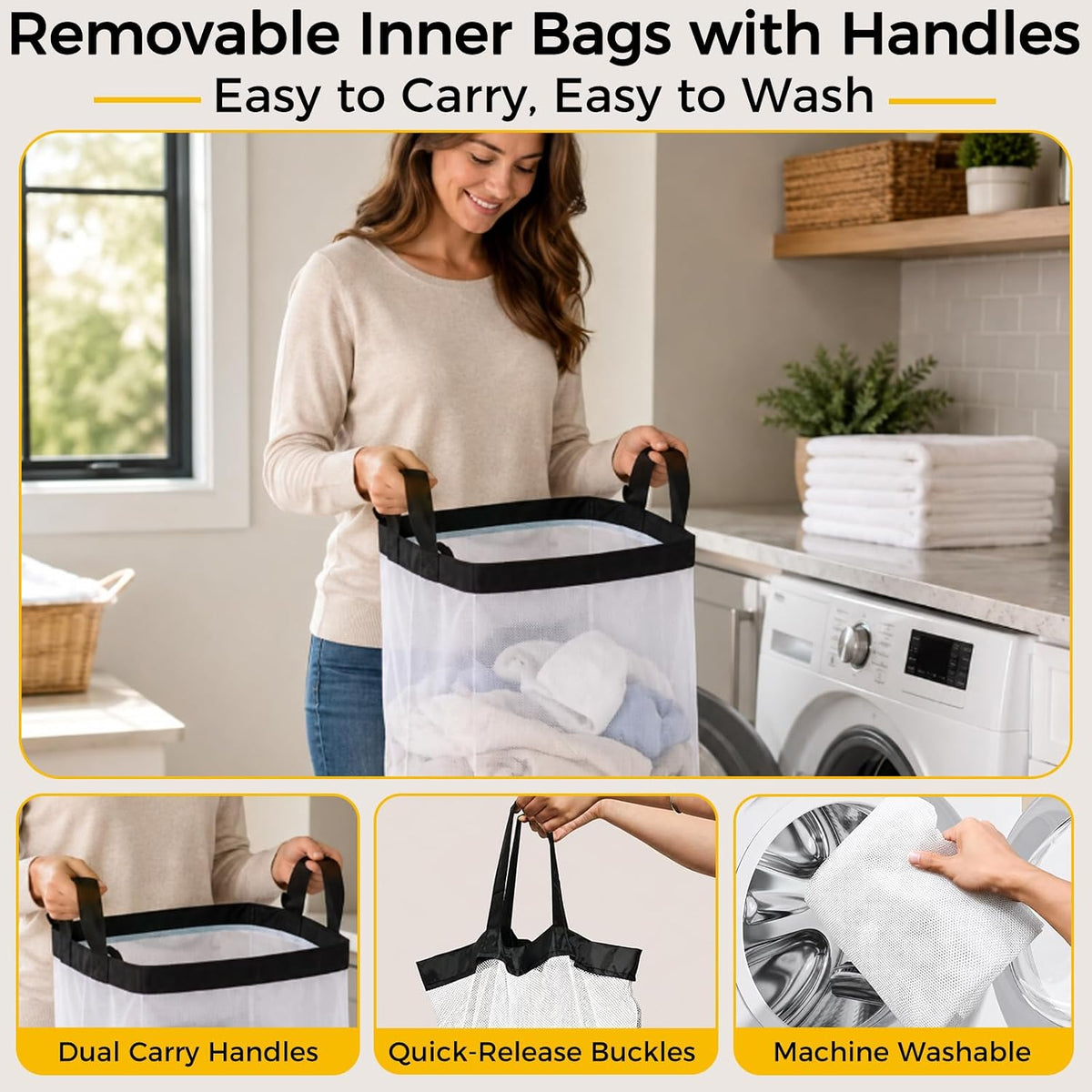 UFORU 195L Laundry Hamper with Lid, 3-Section Sorter for Bedroom & Dorm