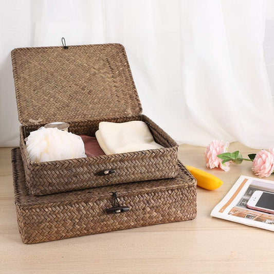 Hipiwe Set of 2 Flat Wicker Storage Basket Bins with Lid Woven Seagrass Box