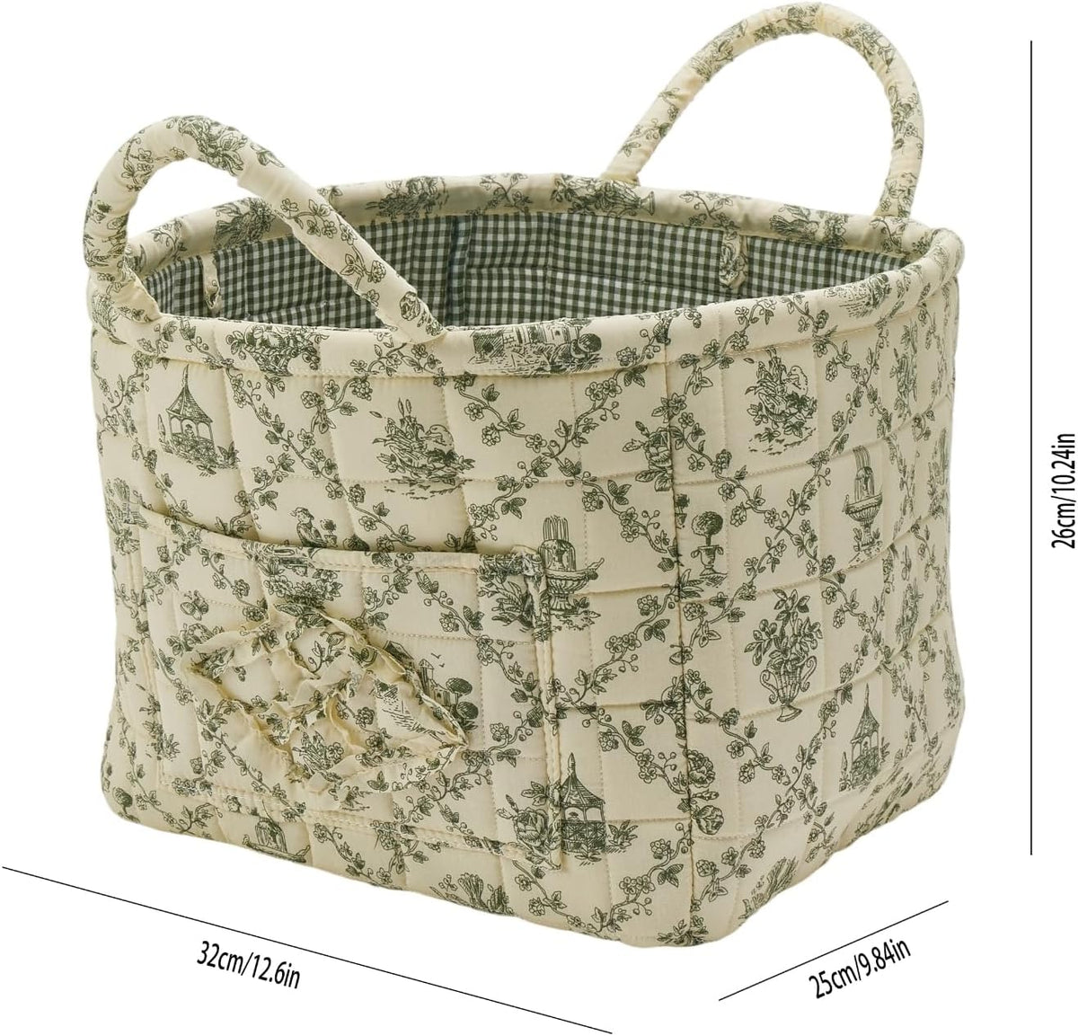 Quilted Fabric Storage Basket with Handles & Pocket, Foldable Laundry Hamper Boho Floral Print Organizer Bin for Home, Picnic, Office 12"x10"x10" (B-2)