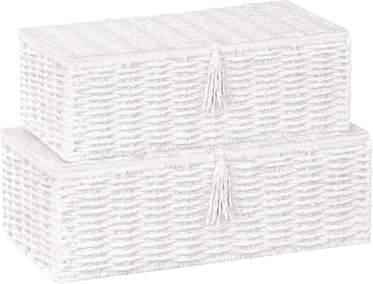 Vagusicc Wicker Shelf Baskets with Lid, Set of 2 Handwoven Wicker Storage Baskets for Shelves, Rectangular Storage Bins with Lids, Decorative Storage Boxes, Small Wicker Baskets for Organizing, White