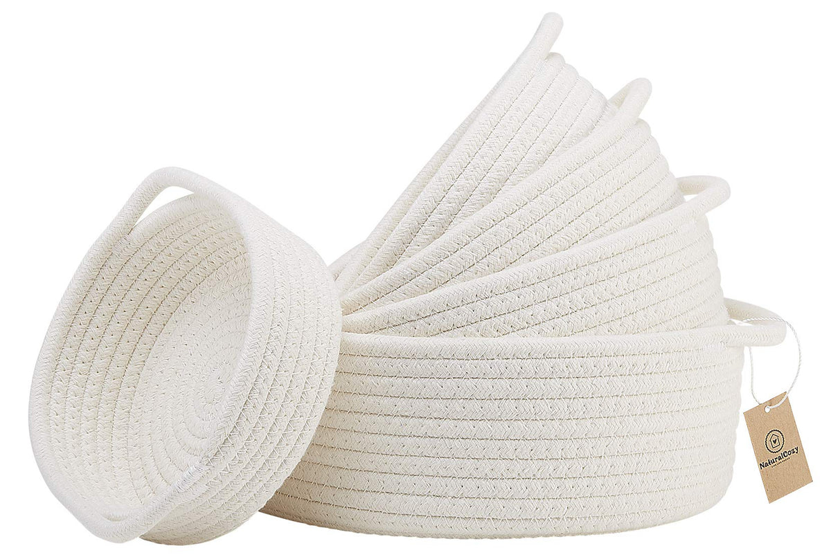 5-Piece Round Woven Cotton Rope Storage Baskets for Organizing, Small Shallow Nesting Set for Montessori Toys, Entryway Catchall, Fruit Bowl, Key Tray, Remote Holder, Nursery & Pet Toys