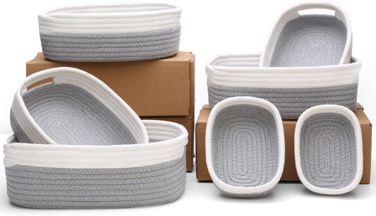 7 Piece Cotton Rope Woven Basket Set - Small Basket for Baby Nursery, Pets, Montessori, Dog & Cat Toy Boxes, Bathroom Organization Bins (White/Gray)