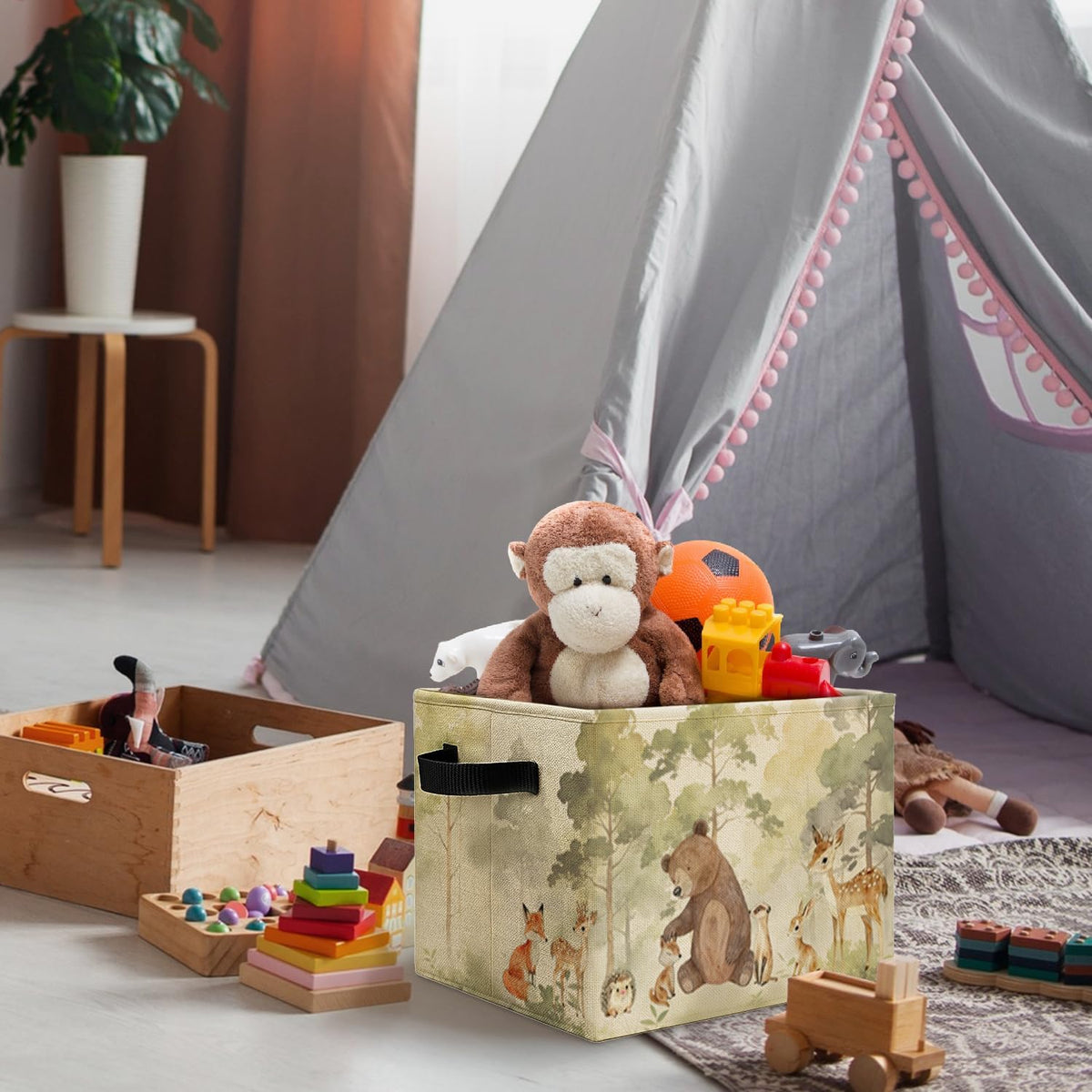 Forest Animal Nursery Storage Bins Box with Handles, Bear Deer Fox Bunny Woods Animal Laundry Basket Hamper Collapsible Clothes Toys Organizer for Toddler Kids Room Playroom
