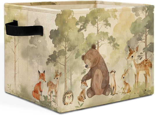Forest Animal Nursery Storage Bins Box with Handles, Bear Deer Fox Bunny Woods Animal Laundry Basket Hamper Collapsible Clothes Toys Organizer for Toddler Kids Room Playroom