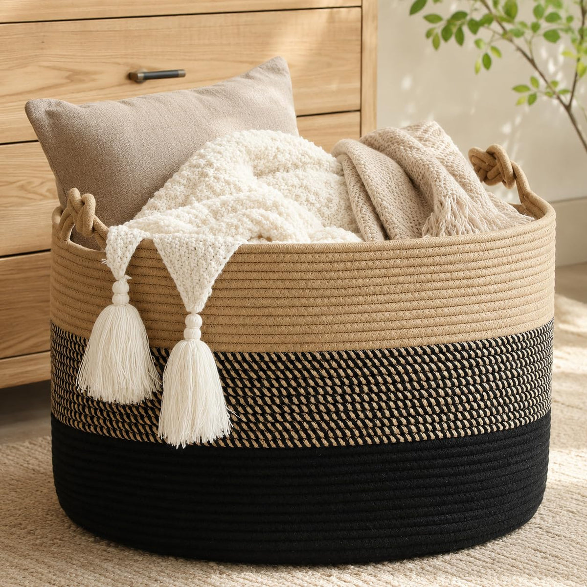 KAKAMAY Large Blanket Basket with Handles, Storage Basket for Living Room
