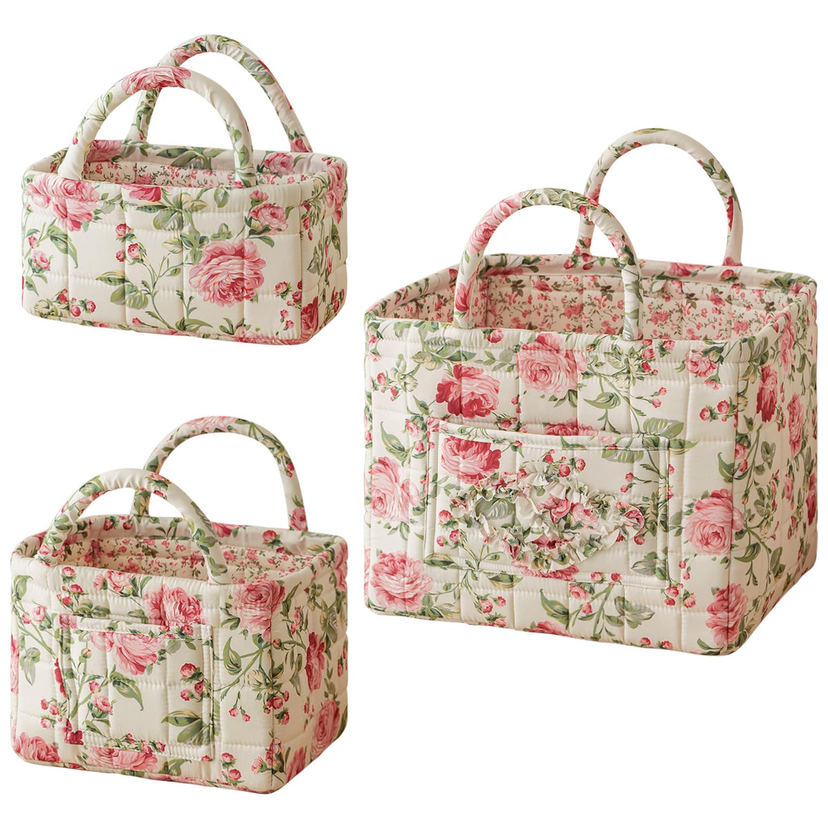 vctops 3 Packs Boho Quilted Storage Basket for Organizing, Floral Basket Organizer Gift Baskets with Handles, Storage Bins for Toys, Books, Towels, and Clothes, Collapsible Fabric(Pattern C)