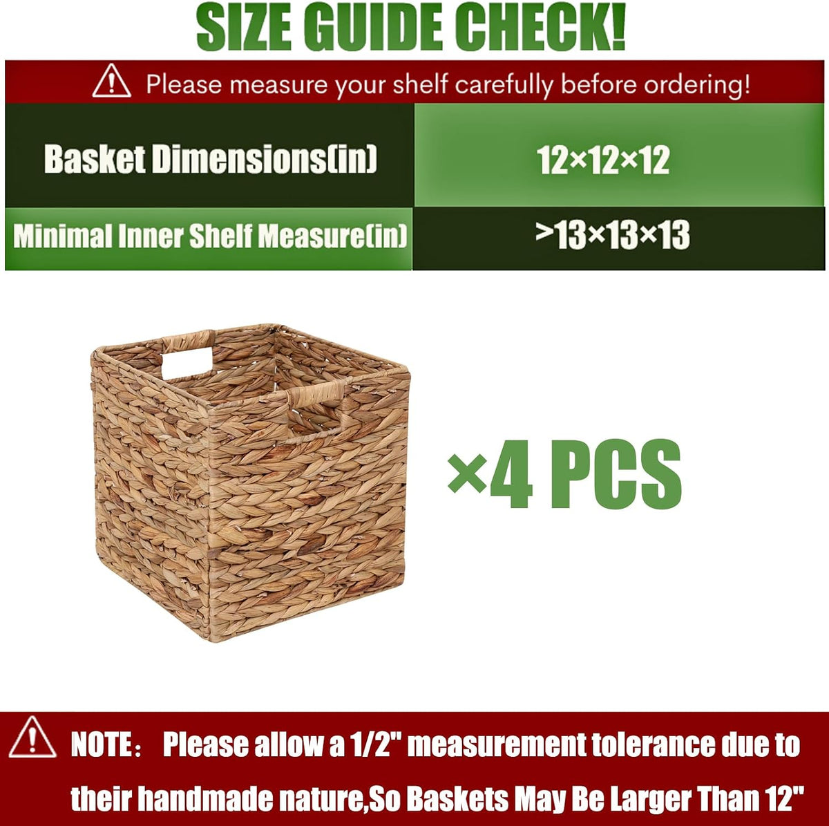 12x12in Storage Baskets 4 Pcs Water Hyacinth Basket,Foldable Storage Cubes