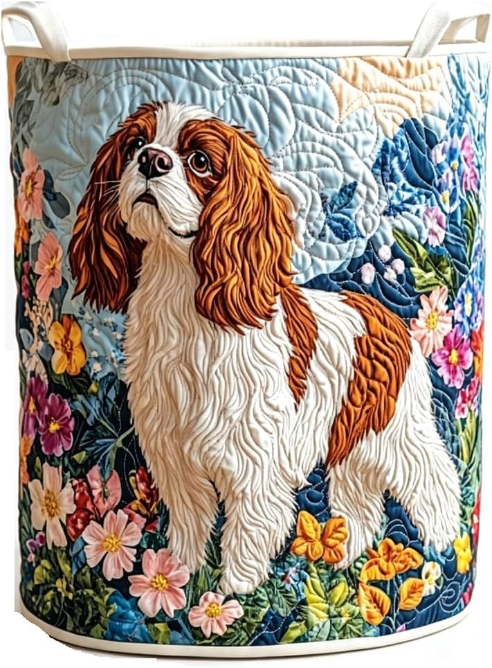 Quilted Fabric Laundry Basket, Spaniel Dog Vibrant Spring Wildflower Garden Print Storage Bin with Handles (KT40966A01)