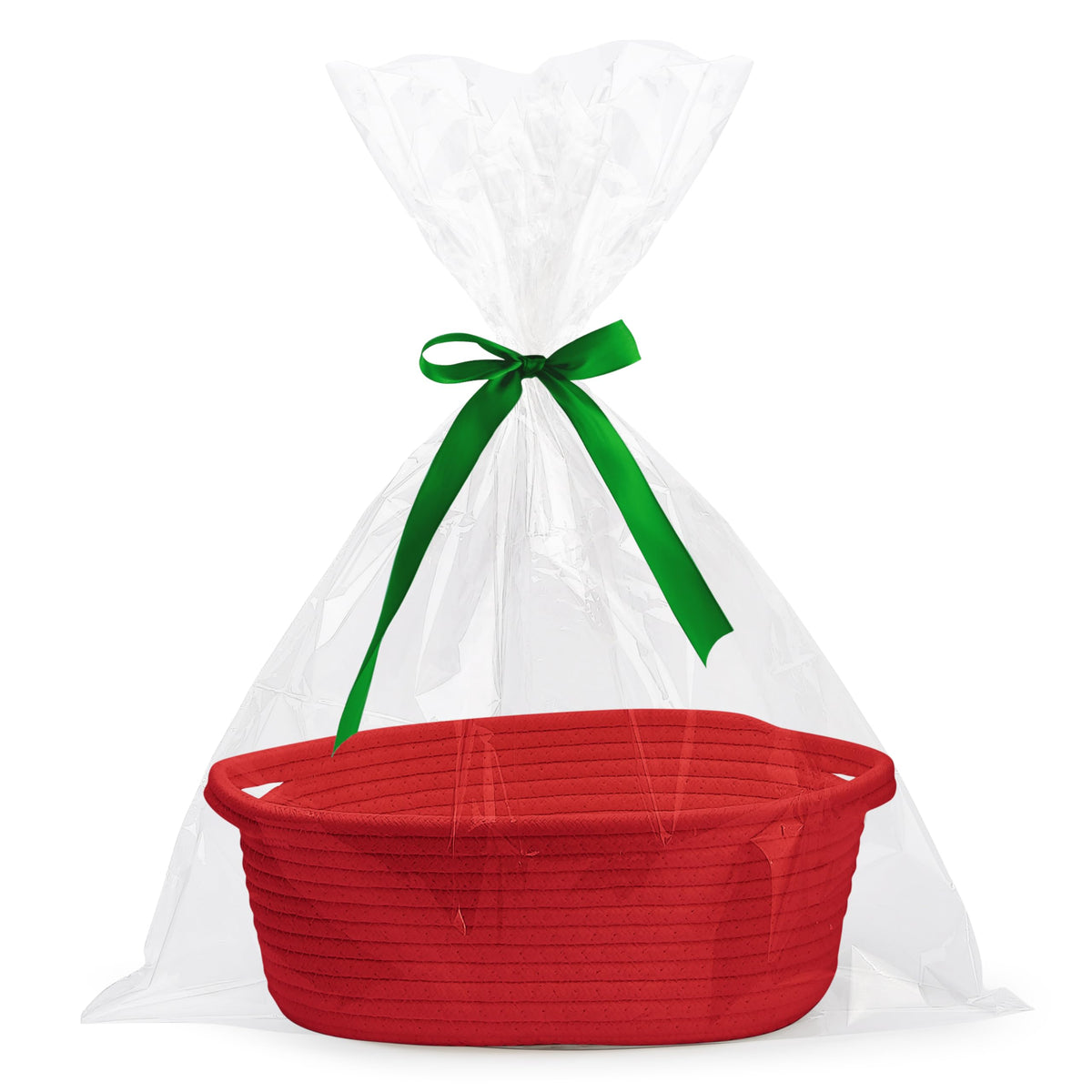 Pro Goleem Small Woven Basket with Gift Bags and Ribbons Durable Baskets for Gifts Empty Small Rope Basket for Storage 12"X 8" X 5" Baby Toy Bin with Handles, White
