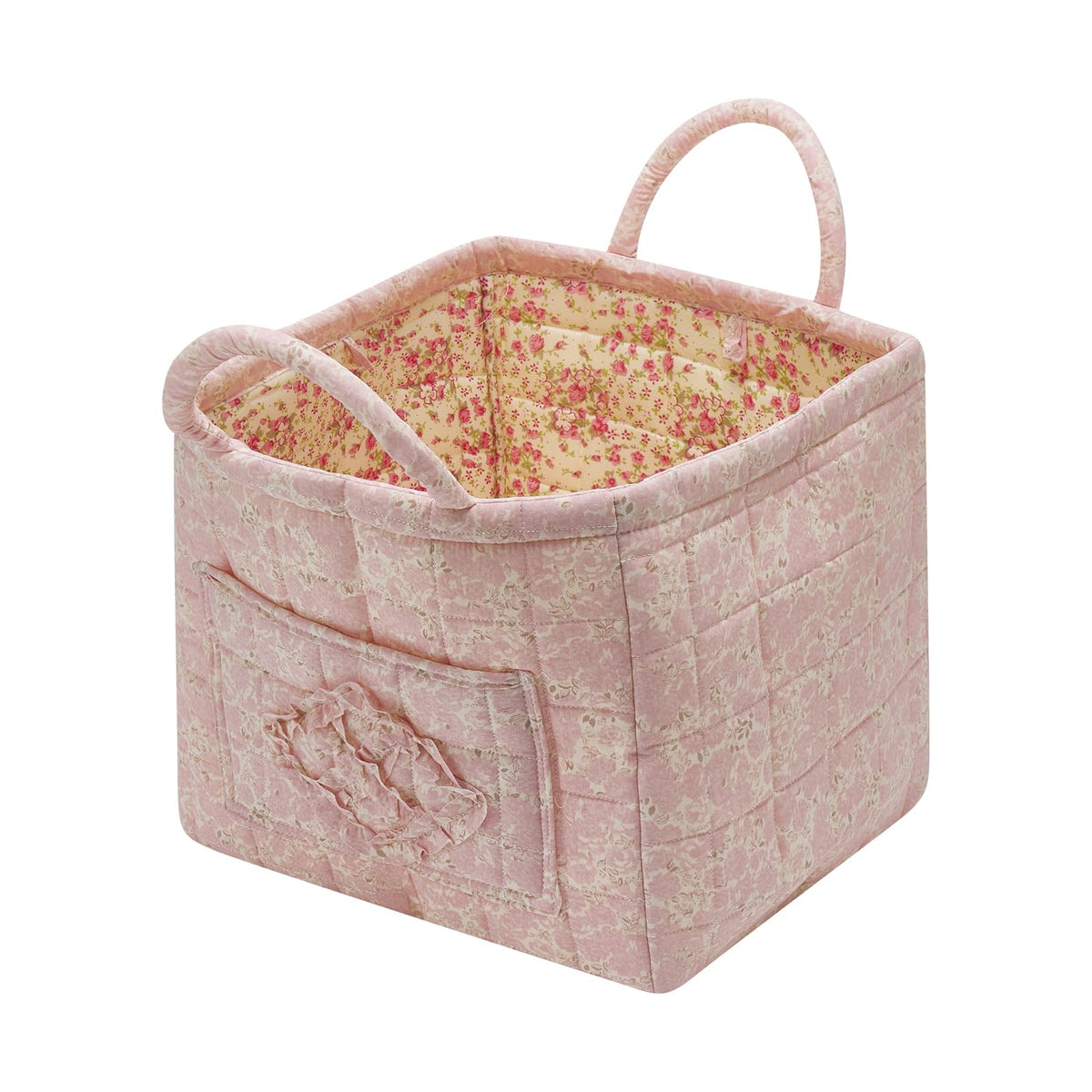 Boho Fabric Storage Basket Quilted Floral Print Baskets Organizer Bin with Handles for Home, Picnic, Shopping (Pink, L)