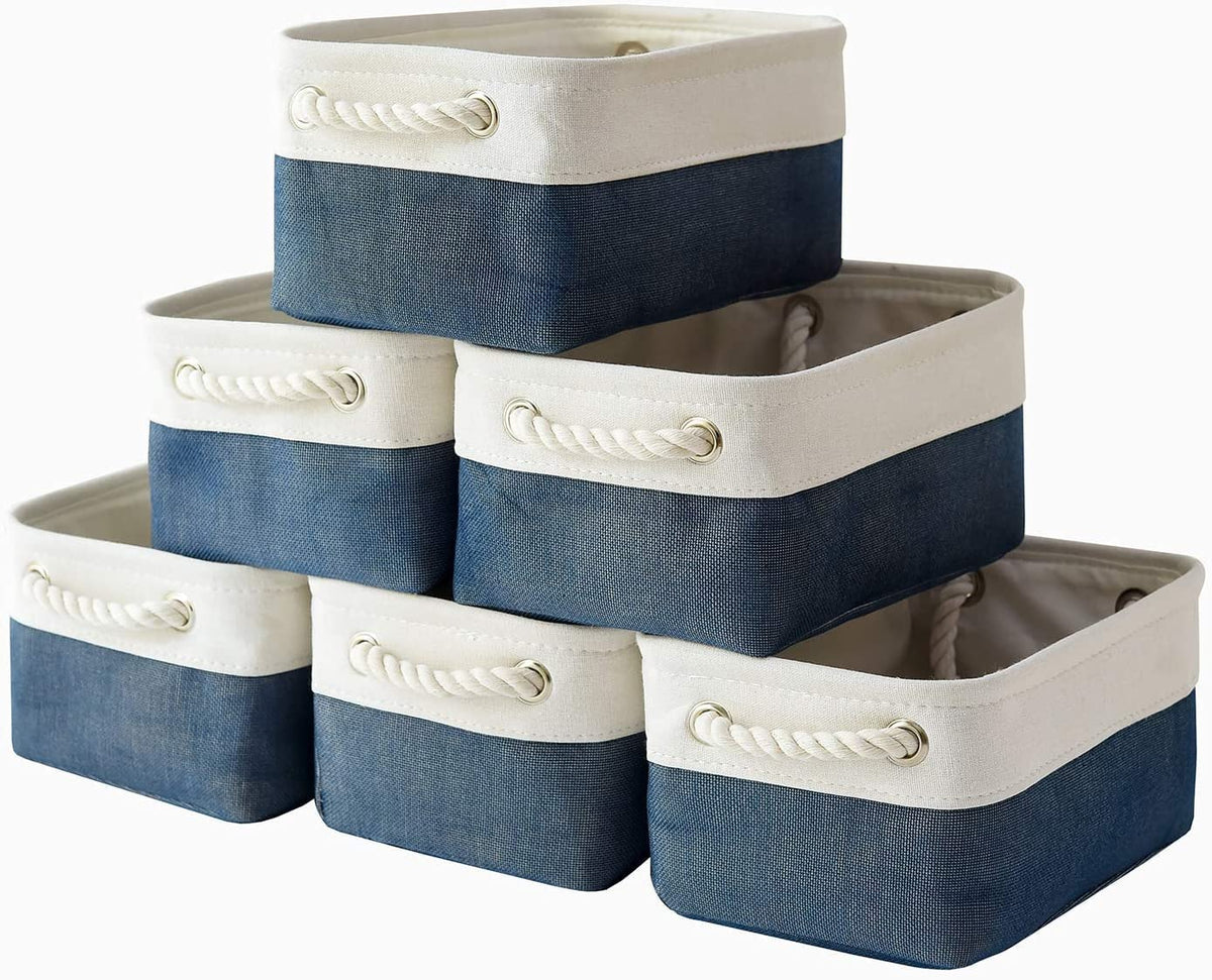 TheWarmHome Storage Basket for Organizing - 14x10x7 inch Medium 3 Pack Collapsible Storage Bin for Shelves with Handles, Canves Storage Box for Organizer Cubes Cloth Gift Toy Closet (White & Khaki)