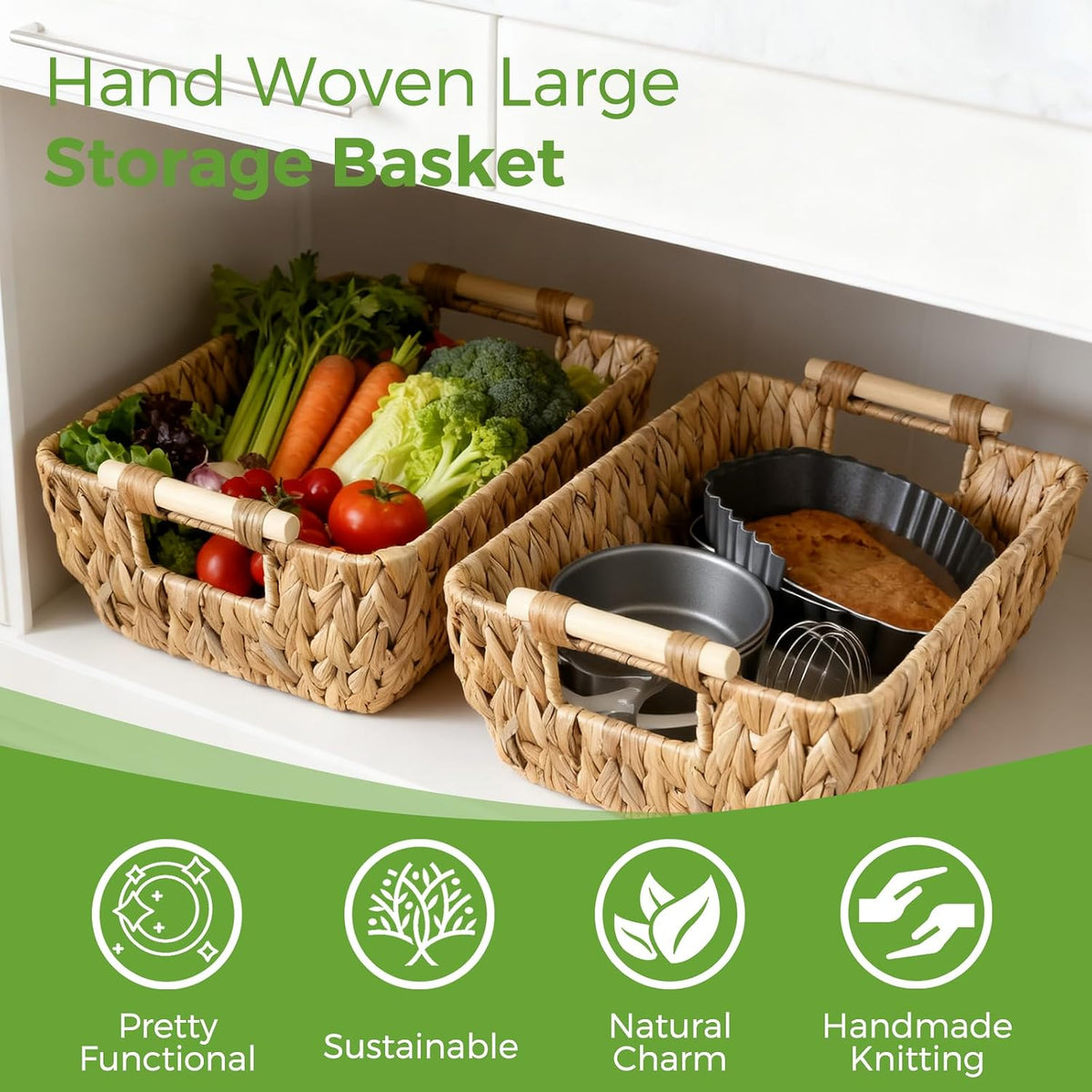 Wicker Baskets with Wooden Handles, Large Water Hyacinth Storage Baskets