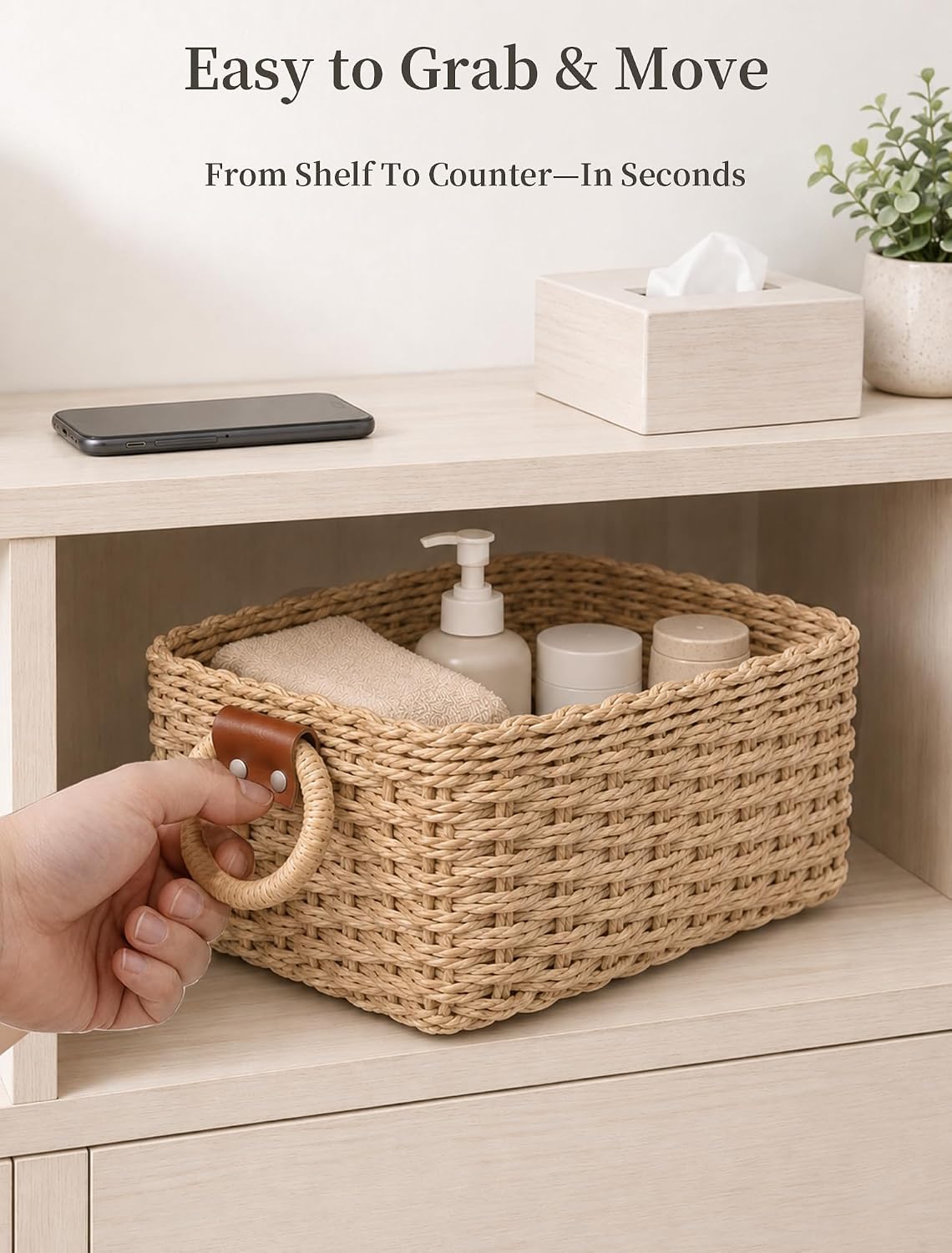 Small Wicker Baskets, 3 PCS Paper Rope Baskets for Shelves, Brown