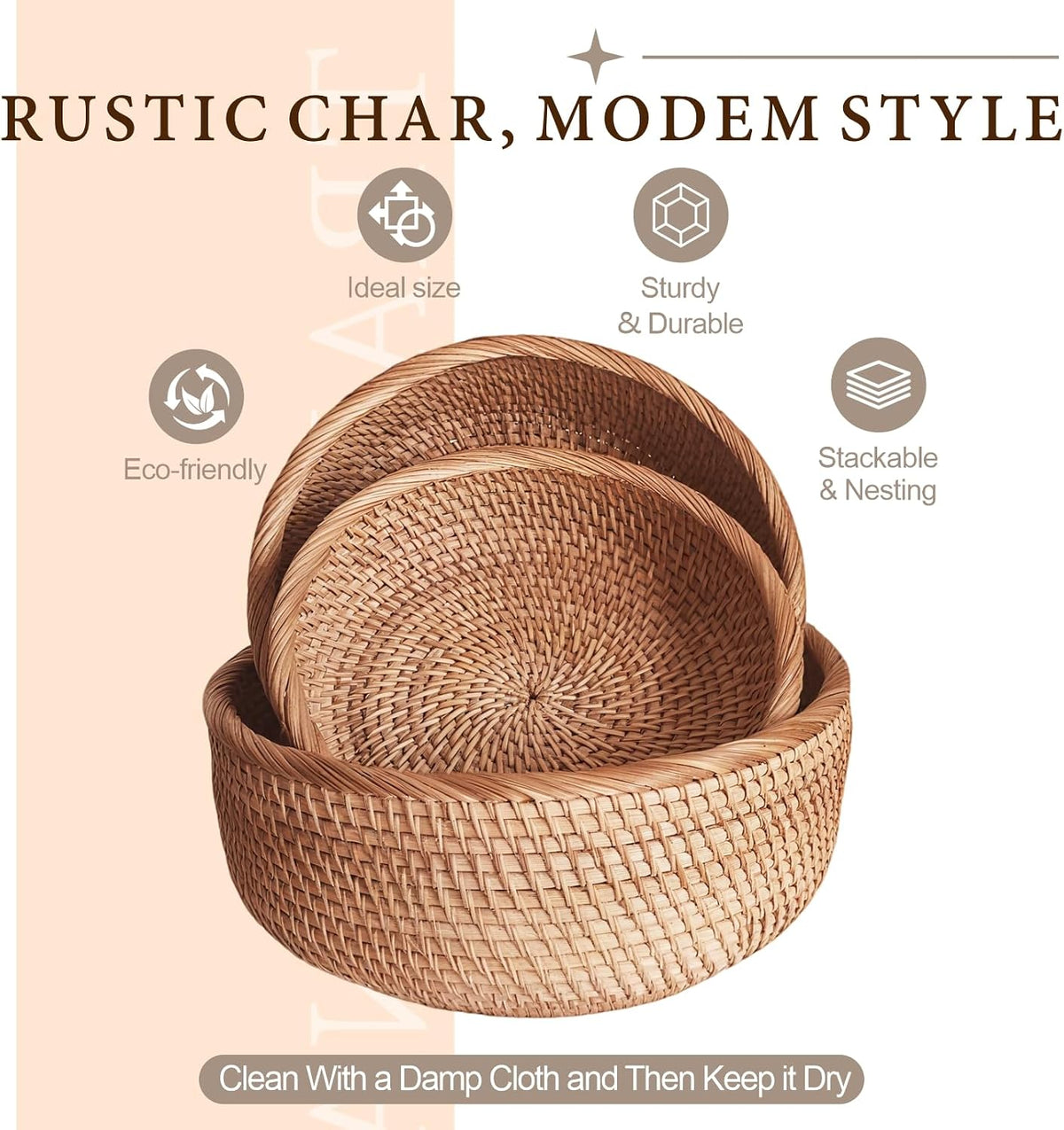 Handwoven Rattan Fruit Basket Set, Round Wicker Bread Baskets for Serving