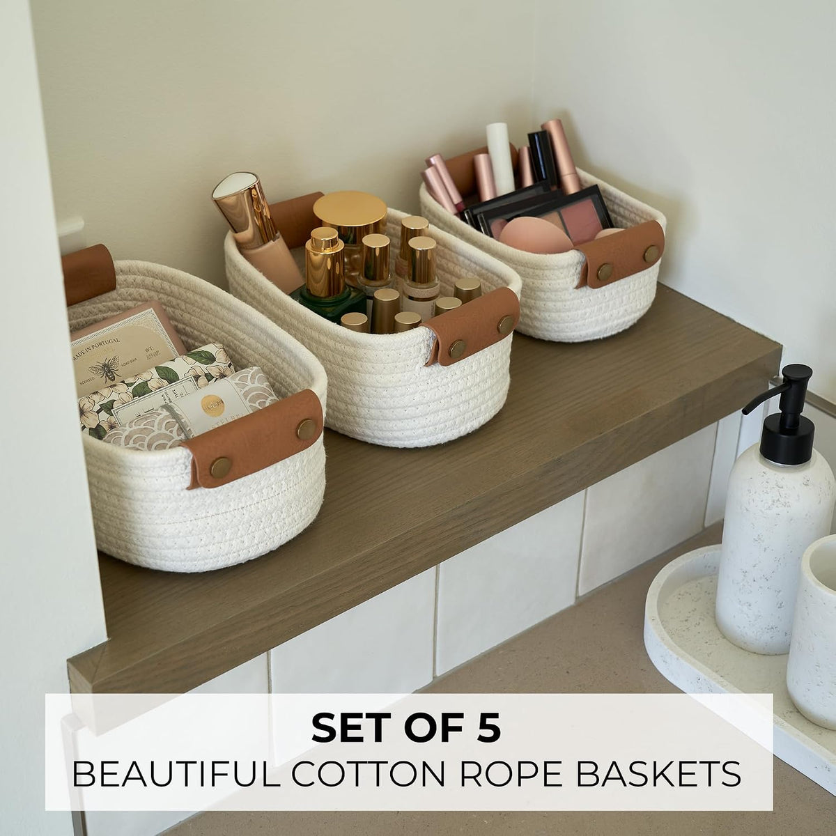 Beautiful Storage Basket Set of 5 - Sturdy Cotton Rope Baskets for Shelves