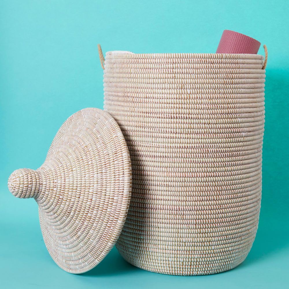 Large Wicker Basket for Storage, Colorful Round African Woven Basket, 18" W x 30" H