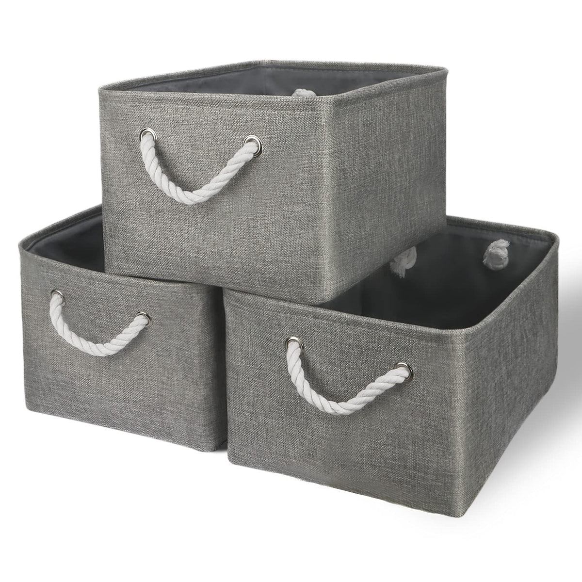 TheWarmHome Storage Basket for Organizing - 14x10x7 inch Medium 3 Pack Collapsible Storage Bin for Shelves with Handles, Canves Storage Box for Organizer Cubes Cloth Gift Toy Closet (White & Khaki)