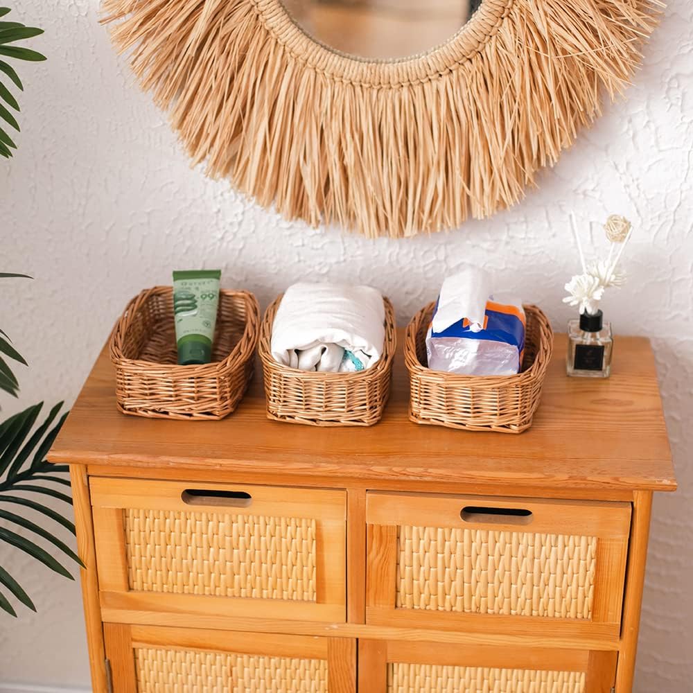 Rectangle small wicker baskets for sundries 3pcs storage bins