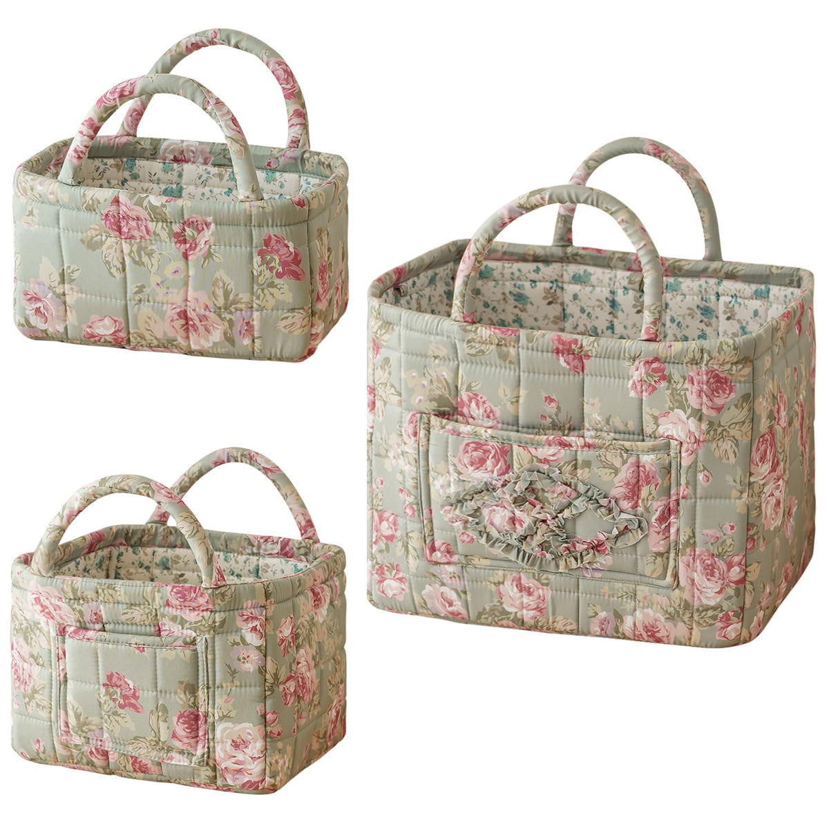 vctops 3 Packs Boho Quilted Storage Basket for Organizing, Floral Basket Organizer Gift Baskets with Handles, Storage Bins for Toys, Books, Towels, and Clothes, Collapsible Fabric(Pattern C)