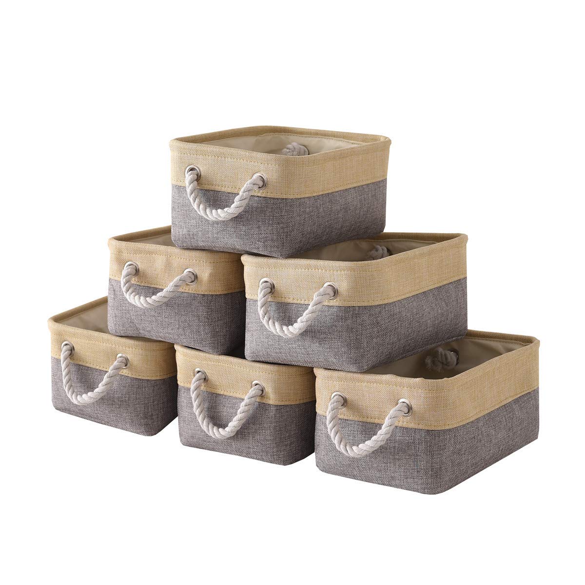 TheWarmHome Storage Basket for Organizing - 14x10x7 inch Medium 3 Pack Collapsible Storage Bin for Shelves with Handles, Canves Storage Box for Organizer Cubes Cloth Gift Toy Closet (White & Khaki)