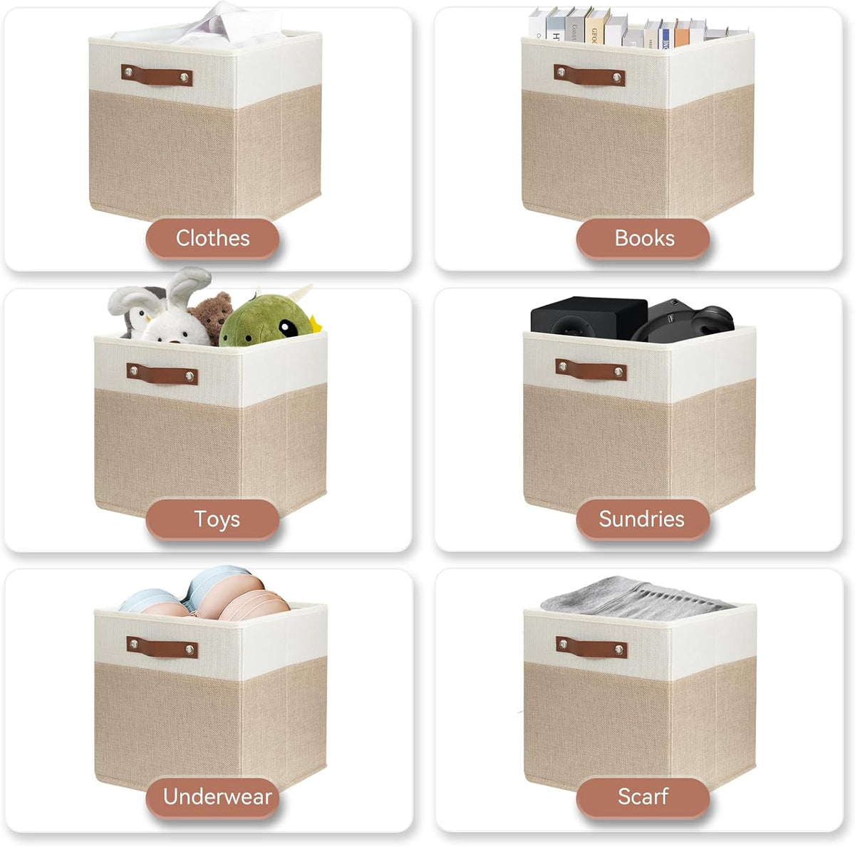SNWDN 6 Pack Collapsible Fabric Storage Baskets with Handles (White/Beige 11x11x11 Inches)