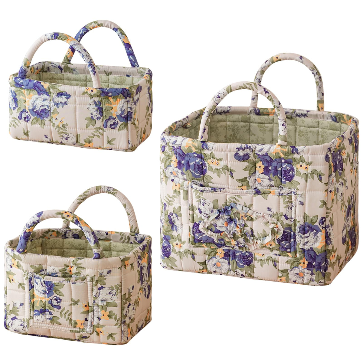 vctops 3 Packs Boho Quilted Storage Basket for Organizing, Floral Basket Organizer Gift Baskets with Handles, Storage Bins for Toys, Books, Towels, and Clothes, Collapsible Fabric(Pattern C)