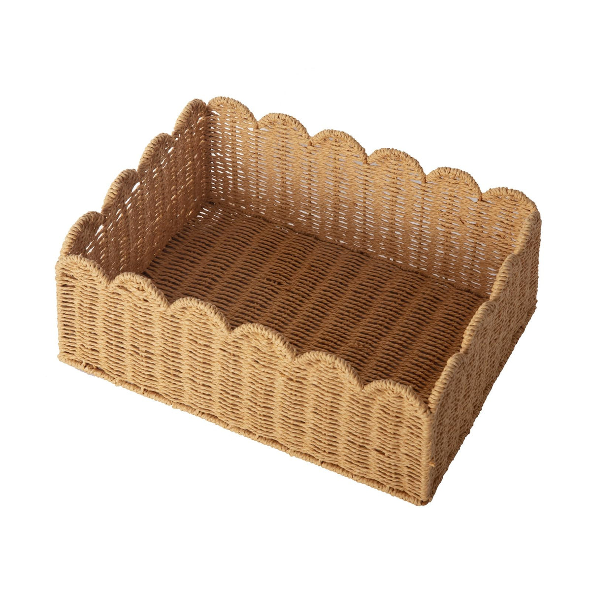Scalloped Basket, Wicker Storage Baskets, Hand Woven Baskets for Shelves,Natural Baskets for Organizing (M-14" L x 10.5" W x 6" H)