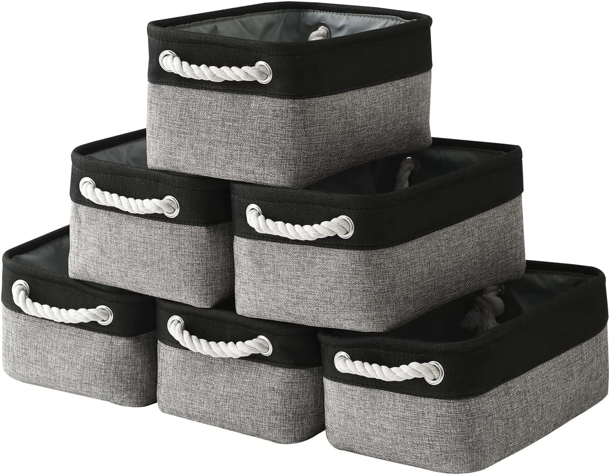 TheWarmHome Storage Basket for Organizing - 14x10x7 inch Medium 3 Pack Collapsible Storage Bin for Shelves with Handles, Canves Storage Box for Organizer Cubes Cloth Gift Toy Closet (White & Khaki)