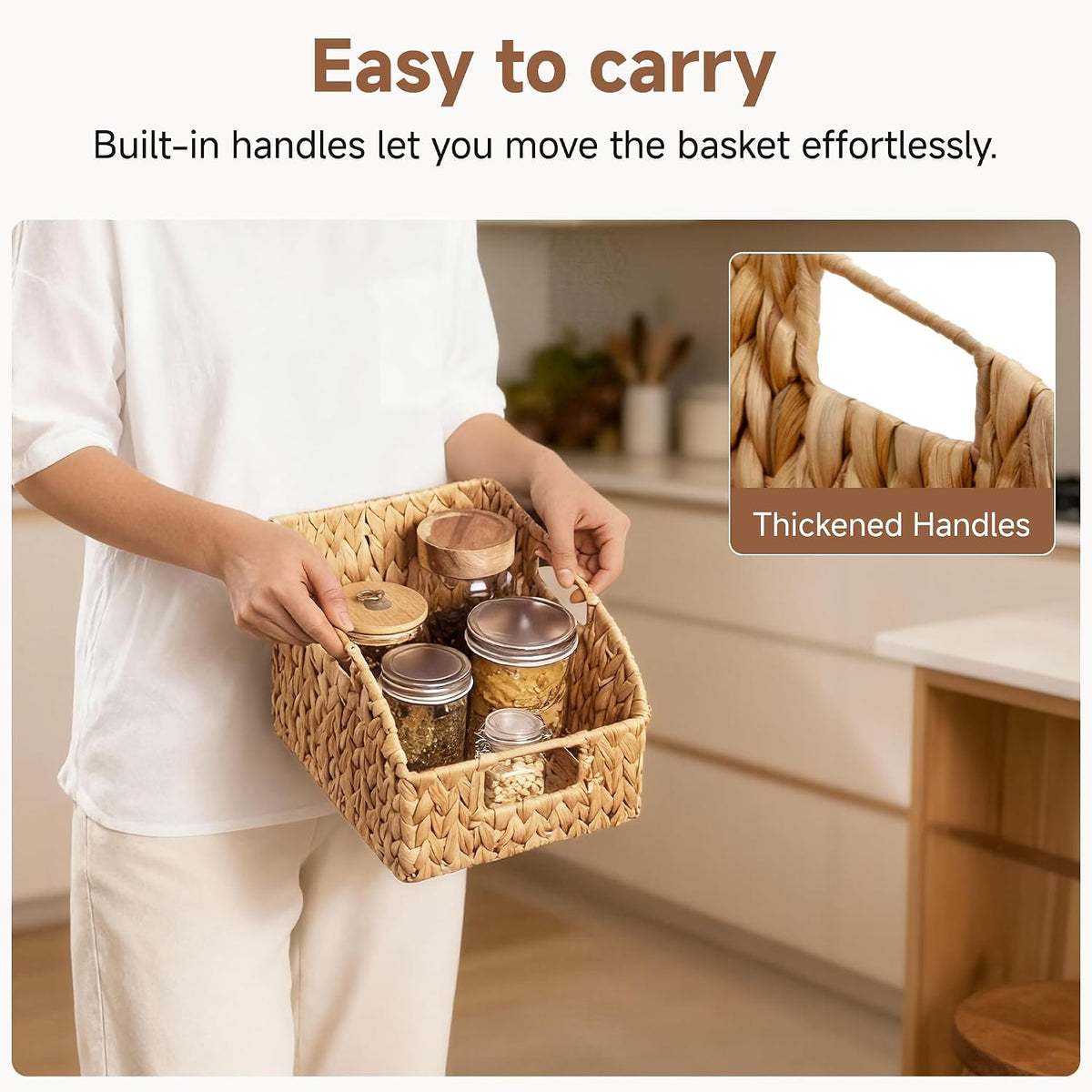 StorageWorks Pantry Baskets for Organizing, Wicker Basket with Built-in Handles, Handwoven Wicker Storage Baskets, Water Hyacinth for Shelves, 2 Pack
