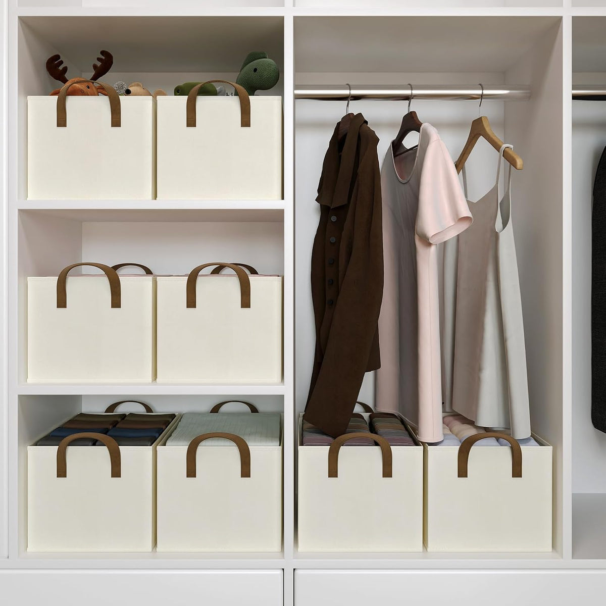 Closet Storage Bins, Fabric Closet Organizers and Storage Basket for Shelves, Collapsible Shelf Baskets for Organizing Shelves, Bedroom Clothes Basket, Beige, 3 Pack