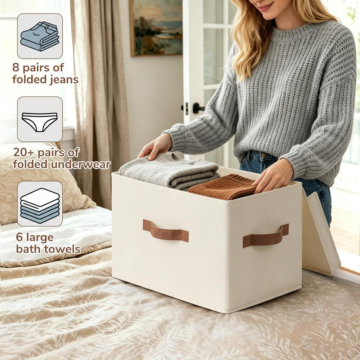 CHICVITA 4-Pack Medium Fabric Storage Baskets with Lids for Shelves,Ivory