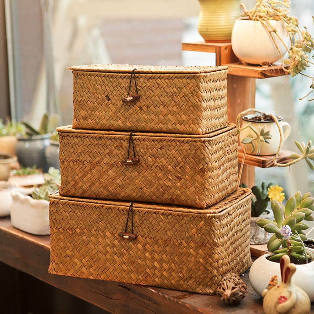 Yesland Small Shelf Baskets with Lid Set of 3, Compact Handwoven Seagrass Storage Bins Rectangular Wicker Basket for Shelf Organizer, Closet, Desktop