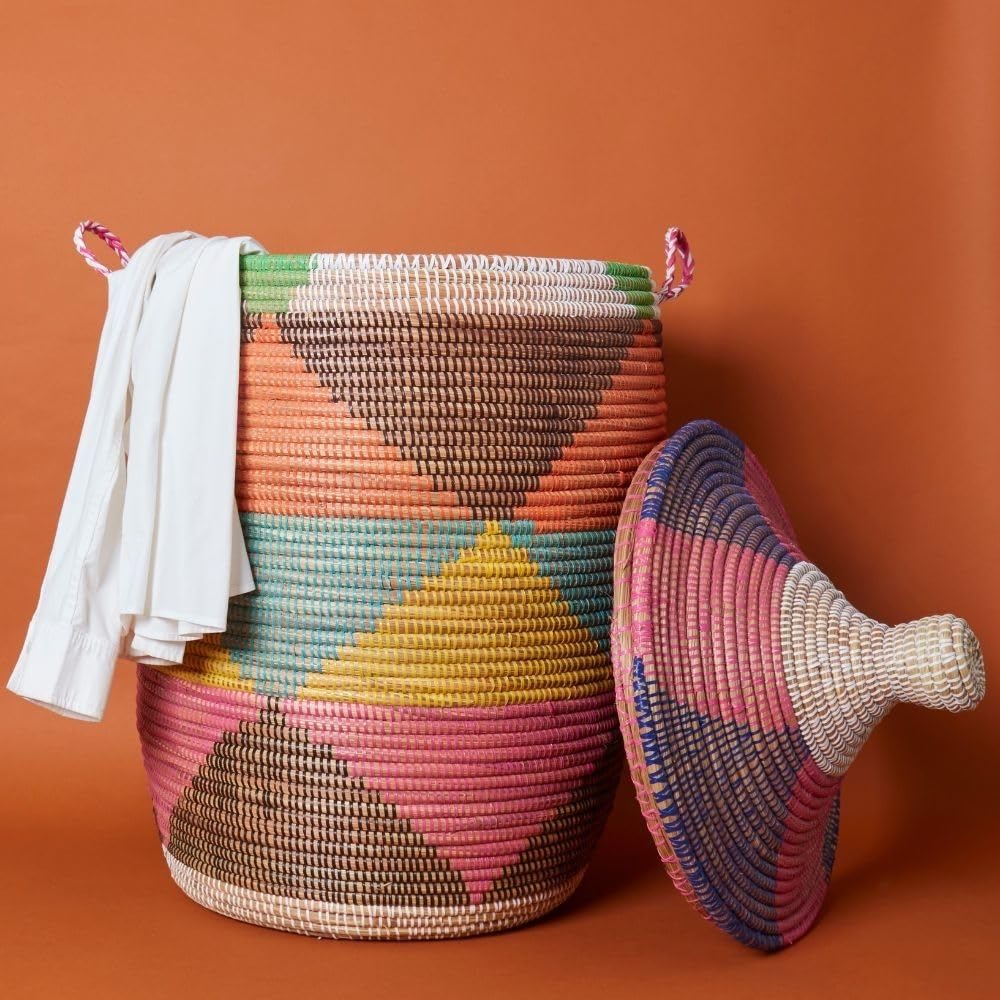 Large Wicker Basket for Storage, Colorful Round African Woven Basket, 18" W x 30" H