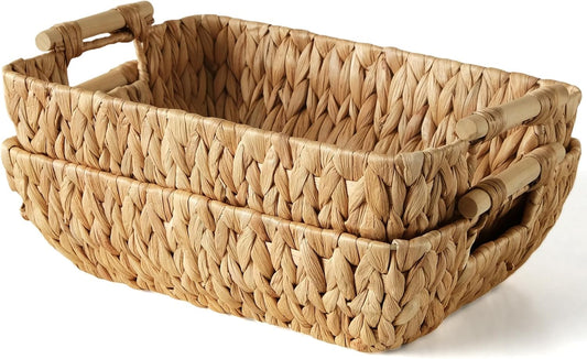 Wicker Baskets with Wooden Handles, Large Water Hyacinth Storage Baskets