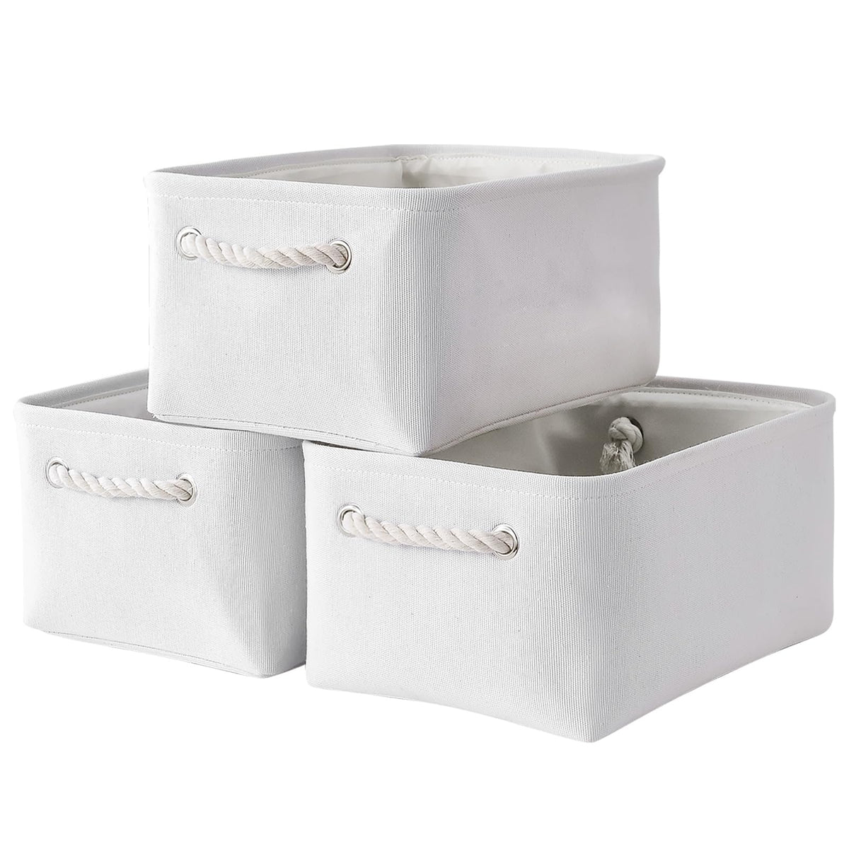 TheWarmHome Storage Basket for Organizing - 14x10x7 inch Medium 3 Pack Collapsible Storage Bin for Shelves with Handles, Canves Storage Box for Organizer Cubes Cloth Gift Toy Closet (White & Khaki)