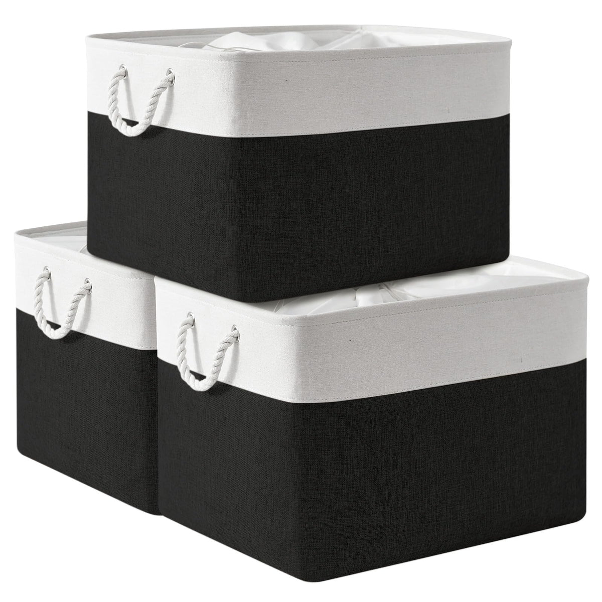 TheWarmHome Storage Basket for Organizing - 14x10x7 inch Medium 3 Pack Collapsible Storage Bin for Shelves with Handles, Canves Storage Box for Organizer Cubes Cloth Gift Toy Closet (White & Khaki)