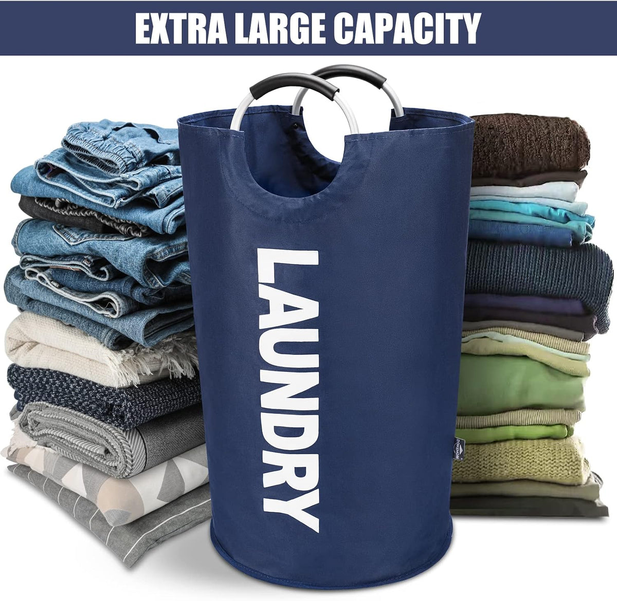 DOKEHOM 125L X-Large Laundry Basket Bag, Collapsible Tall Hamper, Dark Blue