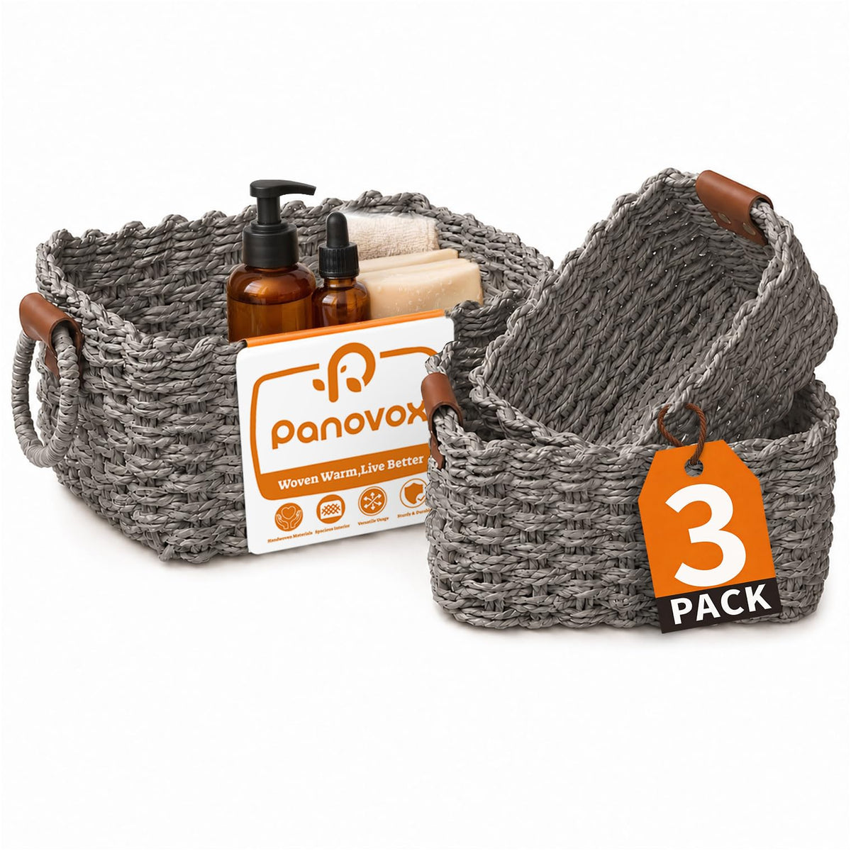 Small Wicker Baskets, 3 PCS Paper Rope Baskets for Shelves, Brown